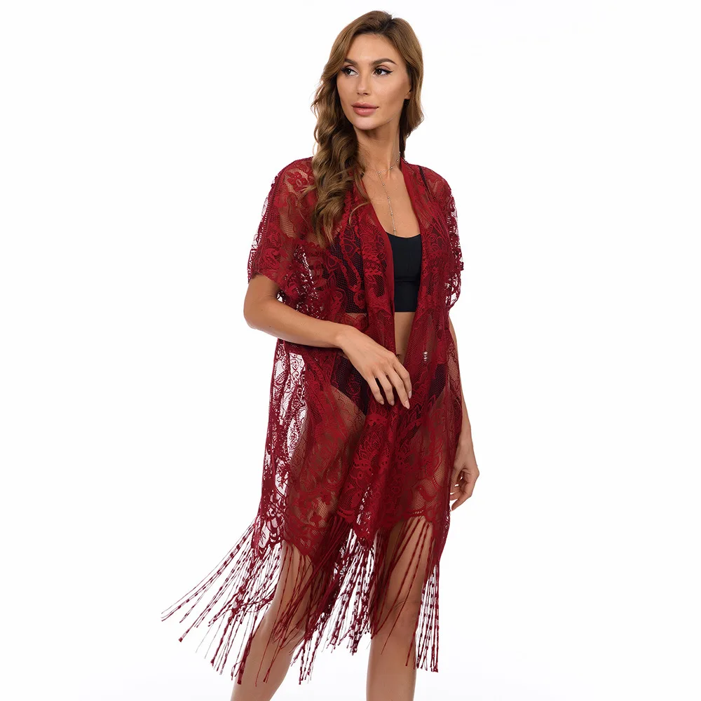 Beach Vacation Bikini Black Blouse New Women's Lace Plus Size Cardigan Elastic Waist Blouse