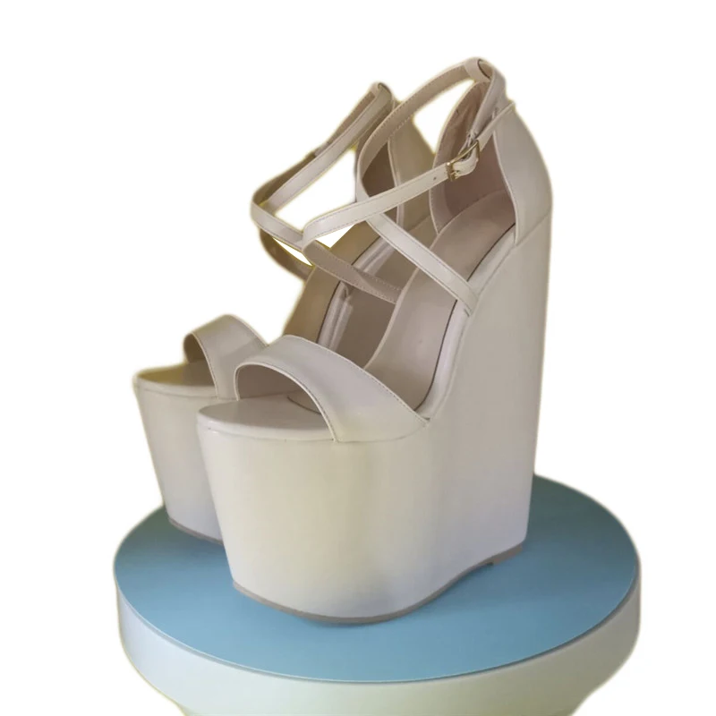SHOFOO Fashionable women's high-heeled sandals. Beige patent leather sandals. About 20cm heel height. Wedges platform sandals.