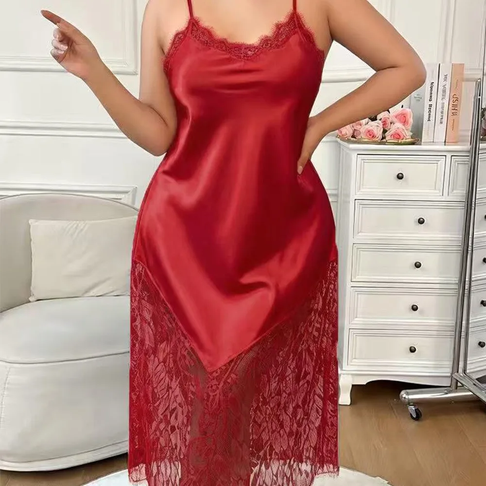Large Size 3XL-5XL Long Nightgown Summer Female Sleepwear Home Dress Sexy Patchwork Lace Nightdress Nighty Rayon Loungewear