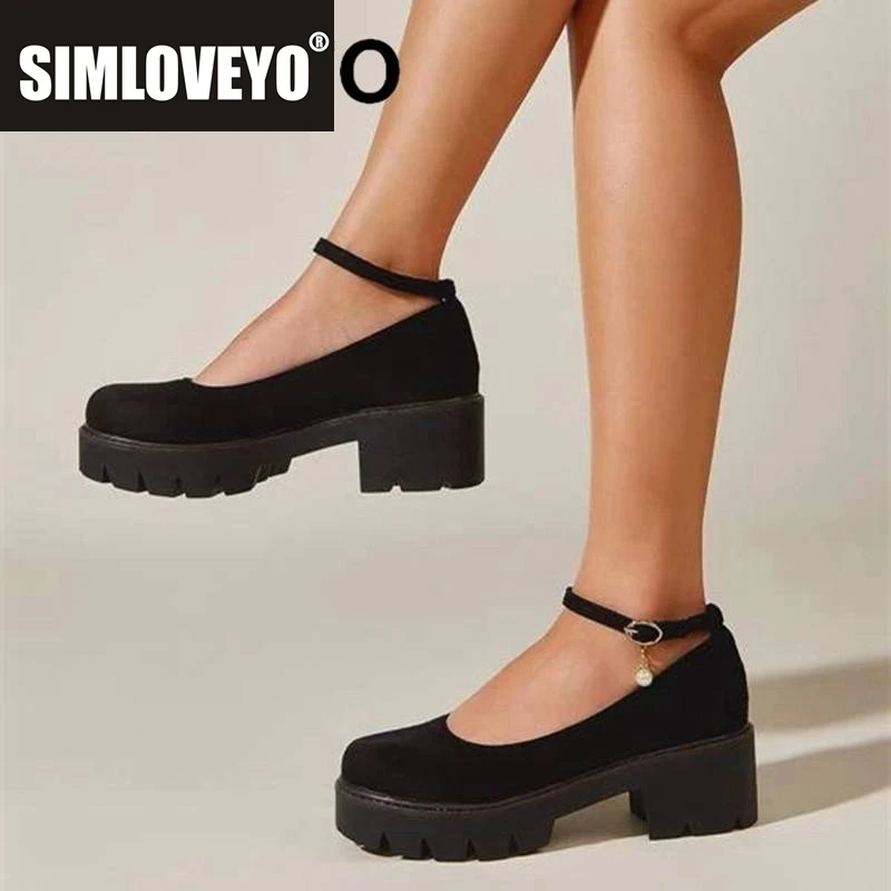 SIMLOVEYO Design Ladies Pumps Round Toe Thick Heels 5.5cm Platform 1.5cm Flock Suede Big Size 40 41 42 Elegant Women Daily Shoes