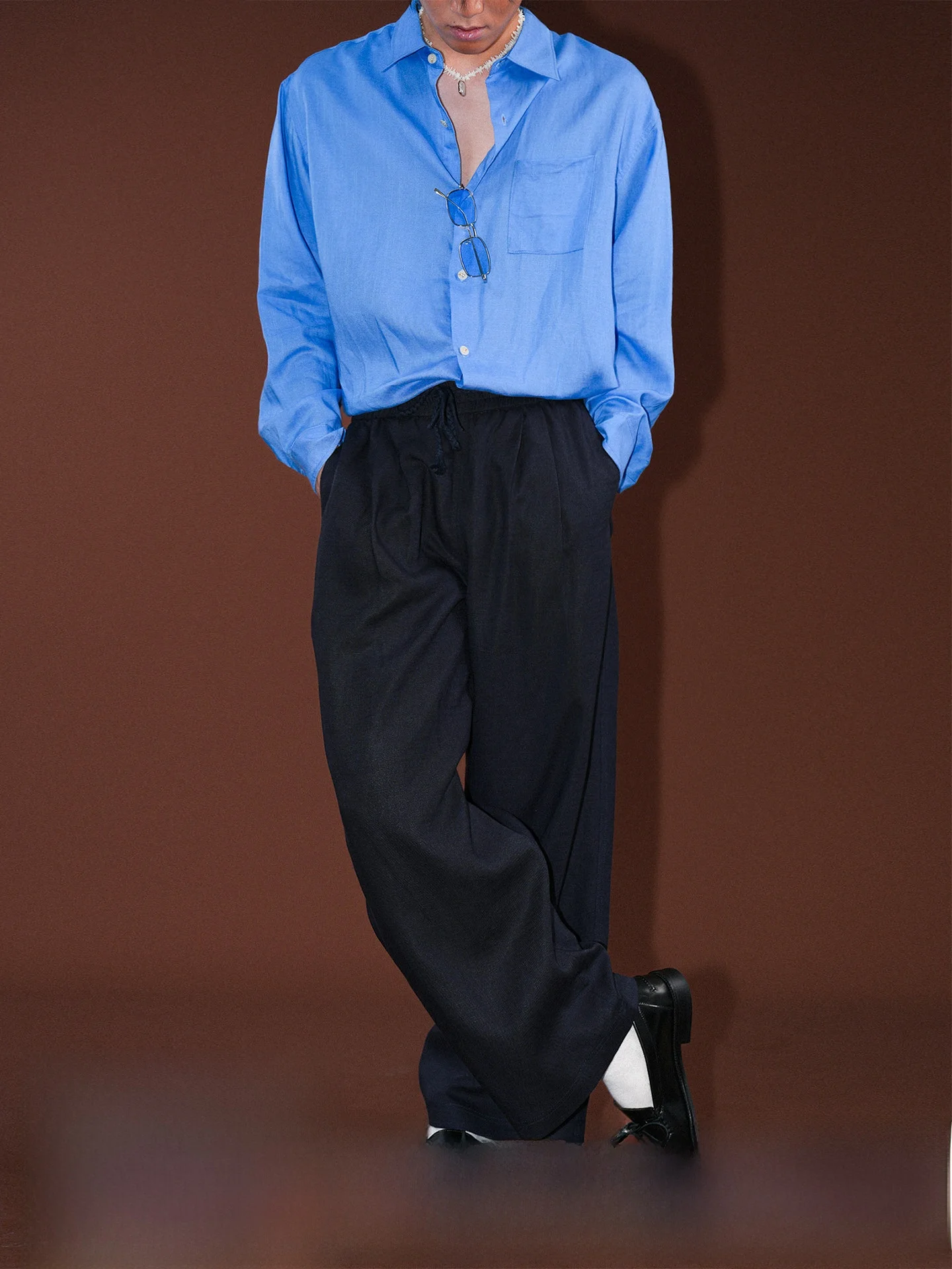 O3PARK Autumn New Wide Leg Long Pants Casual Loose Fit Commute Style Dark Blue Linen Lyocell Blend Versatile Leisure Trousers