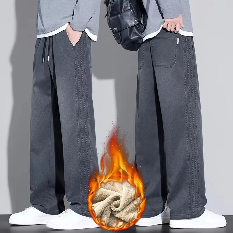 Winter Thick Warm Sweatpants Men Fleece Liner Drawstring Straight Loose Track Pants Male Casual Retro wash Thermal street Wide