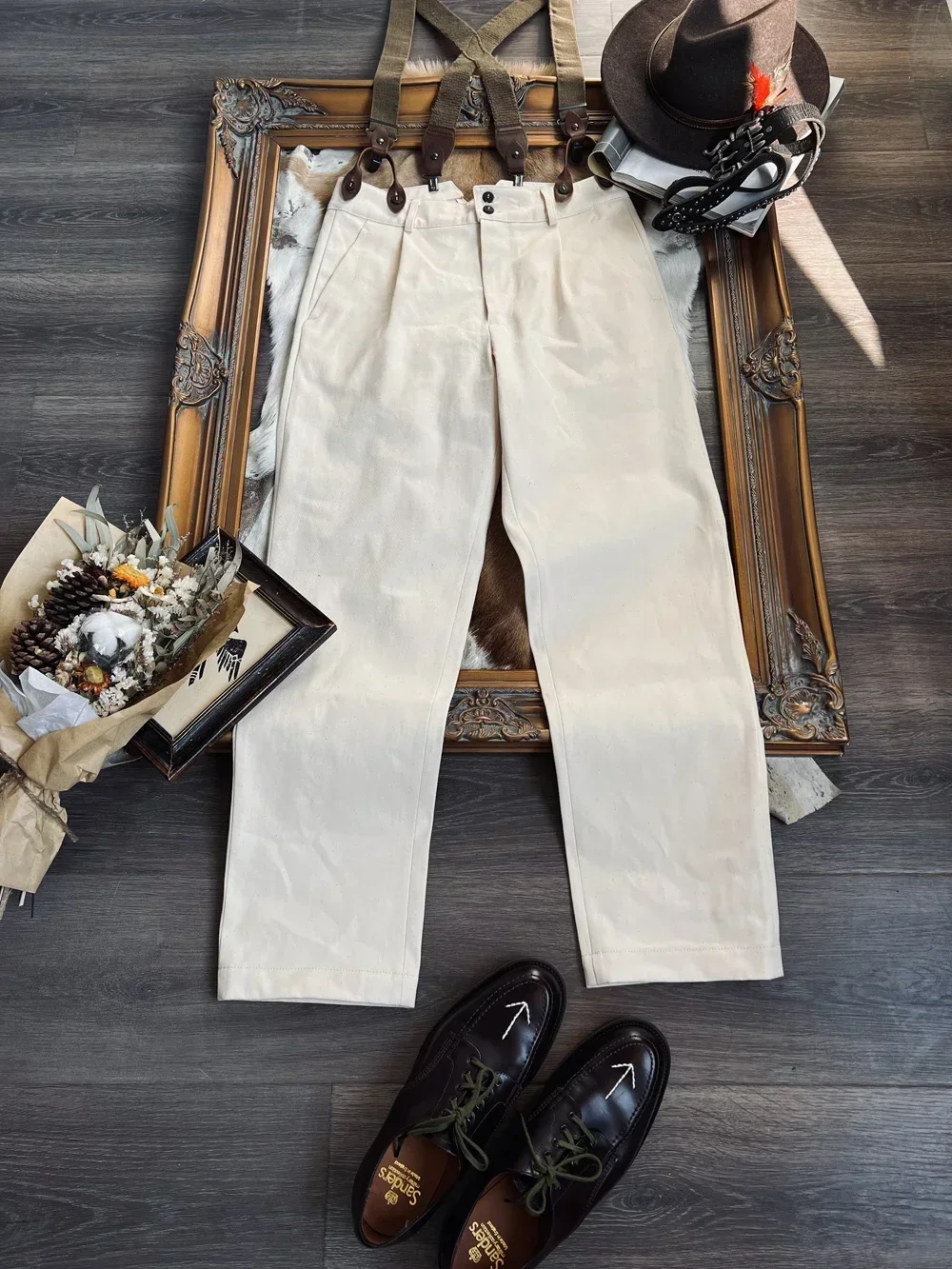AnnualRing French Retro High Waist Fishtail Straight Work Pants 385g Original Embryo Cotton Fabric Twill Cotton Seed Shell