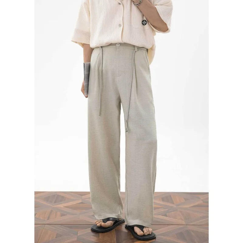 Mens Minimalist Pants Pleated Ankle Length Drawstring Design Lightweight Loose Straight Pants Linen Blend Suit Cropped Trousers