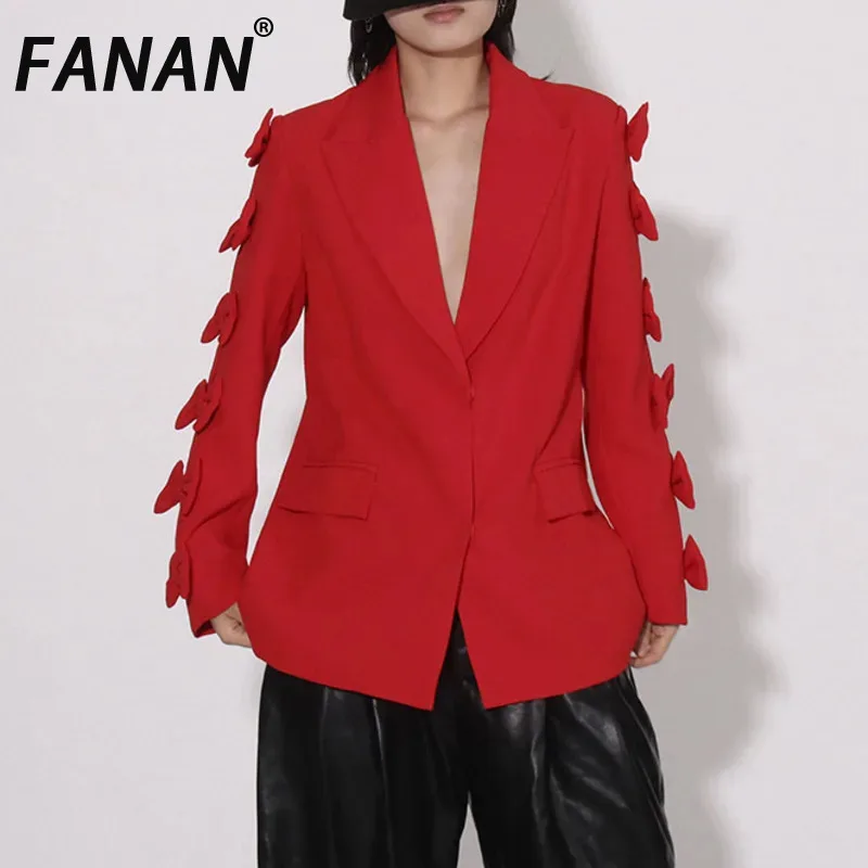 FANAN Bow Design Red Blazers For Women Single Breasted Long Sleeve Fit Jackets Female Coats Fashion Clothing 2025 Autumn New