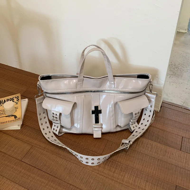 Cross Tote Bag For Women Large Capacity PU Rivet Punk Style Handbag Student Commuter Versatile Shoulder Bag