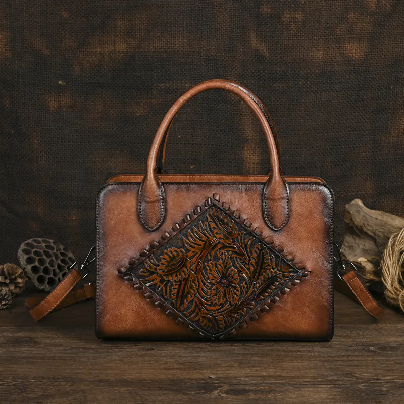 Johnature Vintage Totem Embossed Bag Women's Leather Handbag 2026 New Versatile Elegant Large Capacity Shoulder & Crossbody Bags