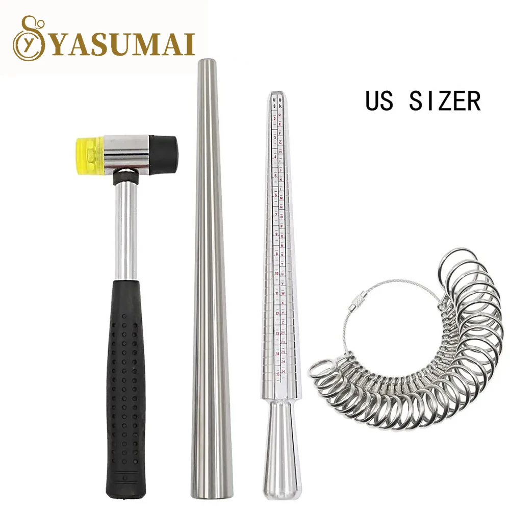 Yasumai 4PCS Ring Mandrel Sizer Tool with Metal Mandrel Finger Sizing Measuring Stick Ring Sizer Guage Rubber Jewelers Hammer