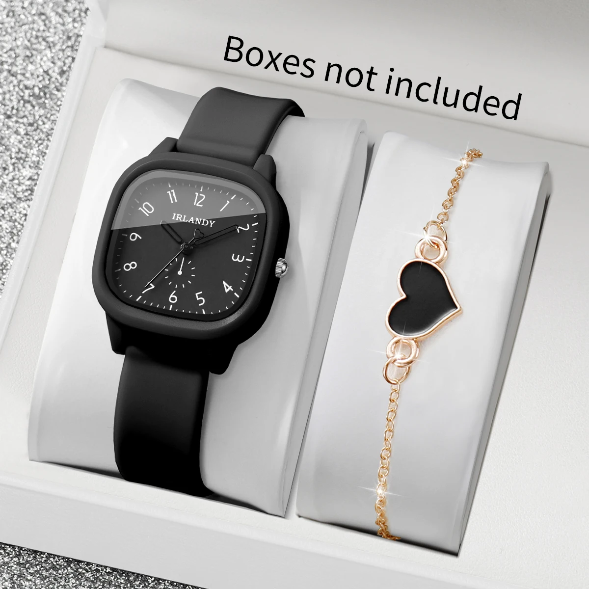 2PCS Fashion Square Women Quartz Watch Heart Bracelet Set Arabic Dial Silicone Strap Wristwatches Reloj Mujer (Without Box)