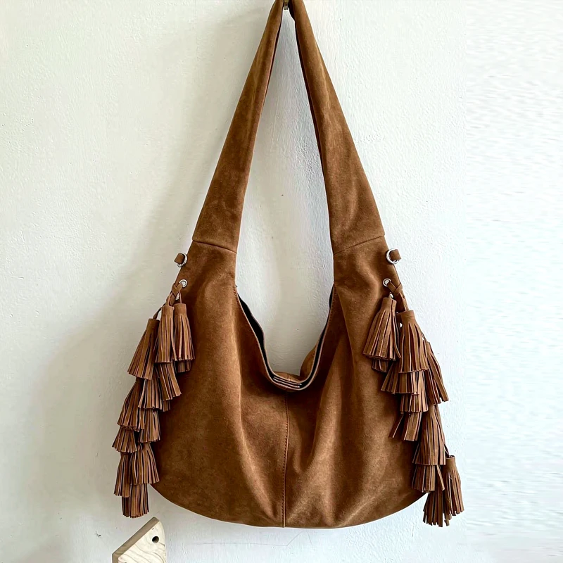 Bohemian Faux Suede Slim Tote Bags For Women Luxury Designer Handbags Purses 2026 New In Tassel Large Capacity Underarm Shoulder