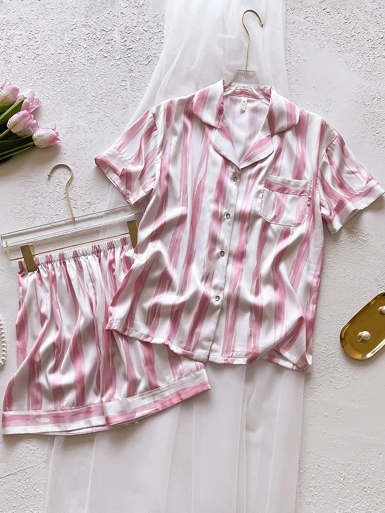 New Pink Striped Silk Sleepwear Thin Short Sleeve Shorts Home Wear