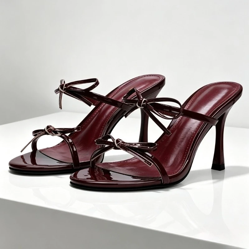 Luxury Burgundy Heeled Sandals Women Double Bow Decoration Backless High Heels Ladies Elegant Party Designer Stiletto Slippers