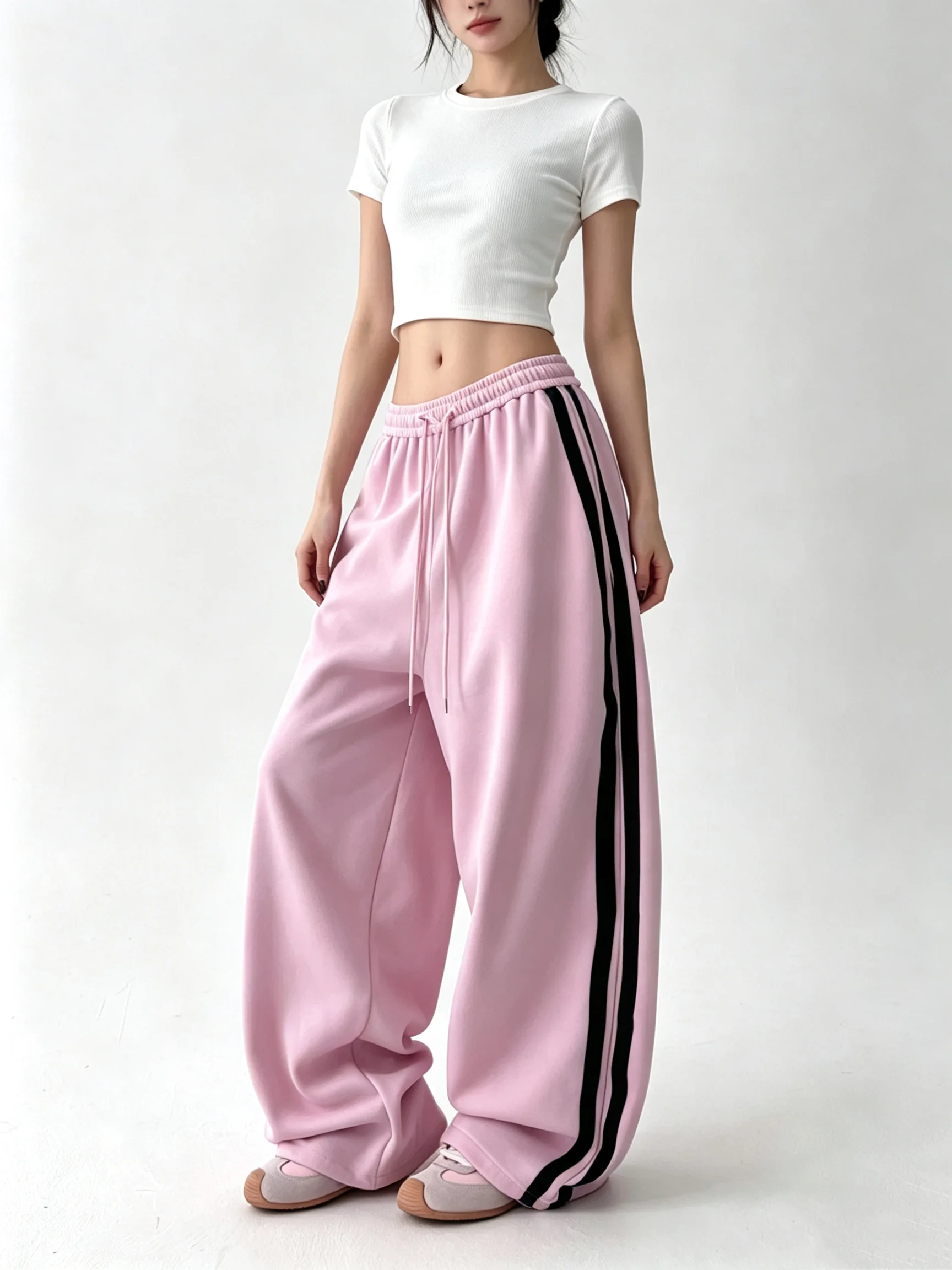 Spring Autumn Popular Pink Stripe Casual Pants Loose Lazy Style Wide Leg Drawstring Sweatpants Unisex High Waist Commute Style
