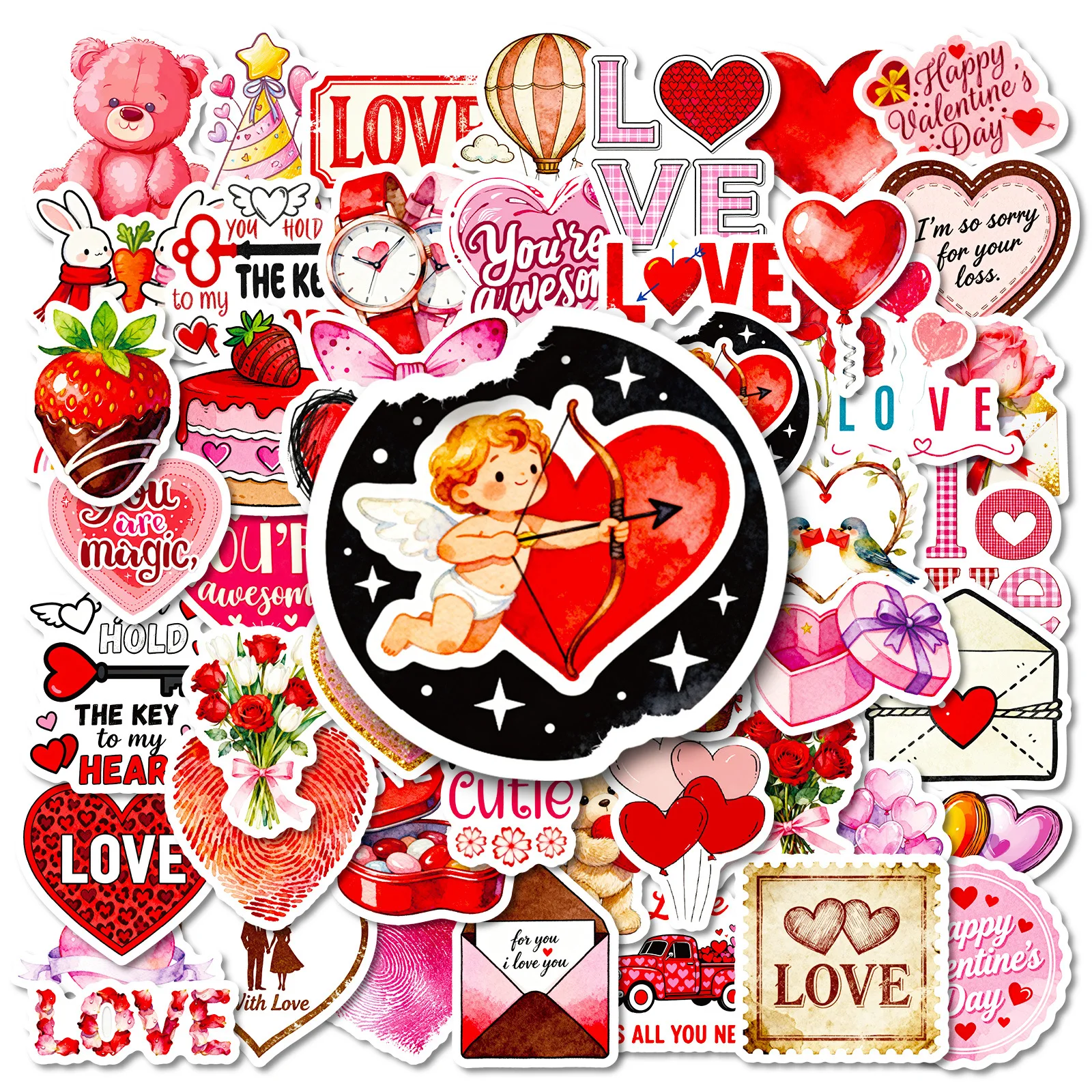 56PCS Cartoon Valentine's Day Hearts Love Graffiti Sticker DIY Decoration PVC Waterproof Skateboard Notebook Graffiti Toy