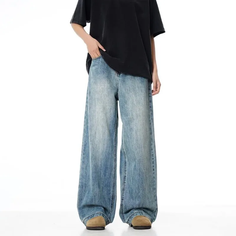 Men Vintage Washed Wide Leg Jeans High Waist Loose Casual Denim Long Trousers