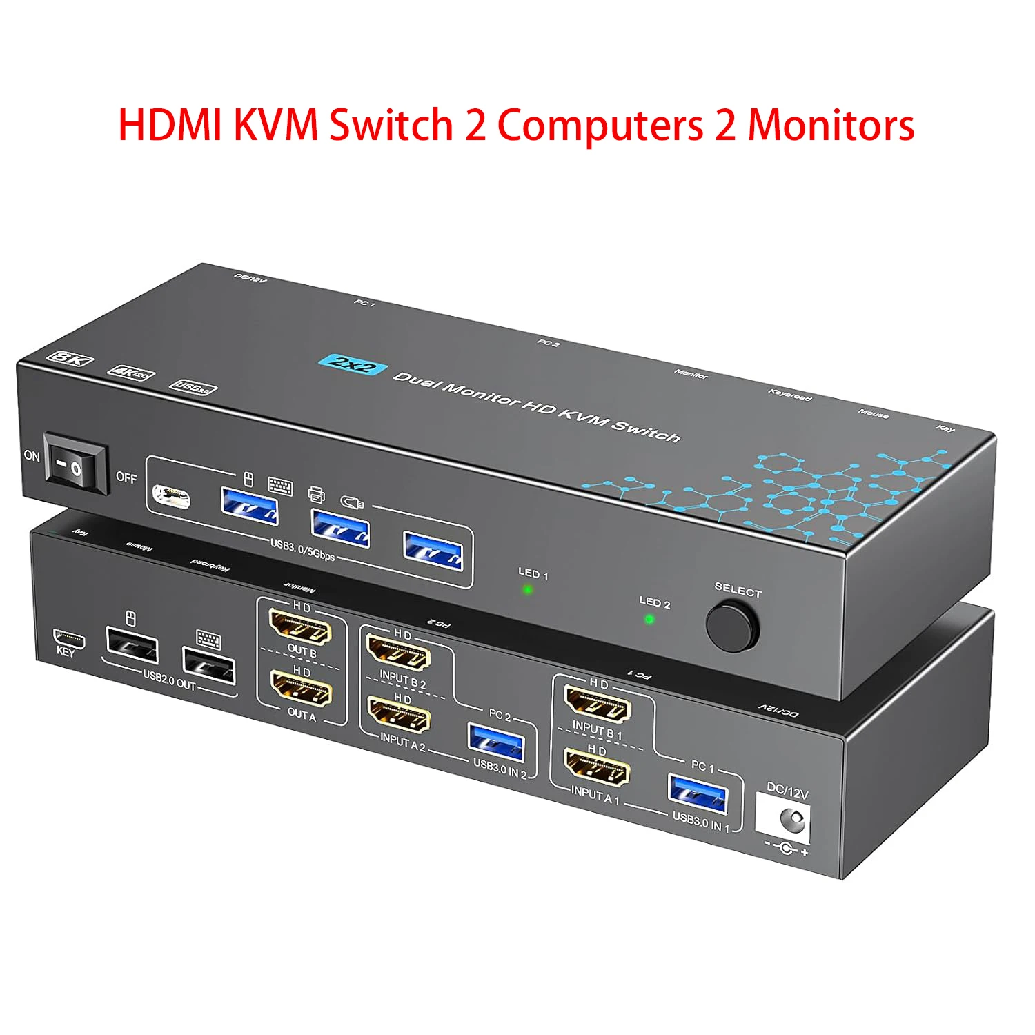 KVM Switch 2 Computers 2 Monitors HDMI, 8K 60Hz 4K120Hz 2 Port Dual Monitor KVM Switches for 2 PC Share 2 Display