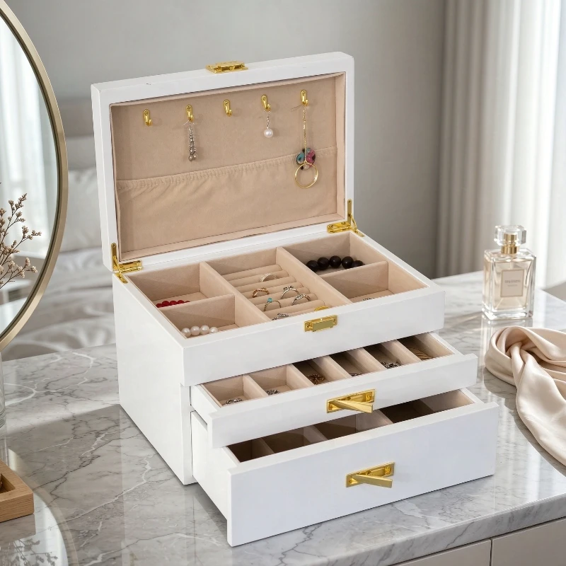 Wooden Jewelry Box Organizer Portable Ring Earring Necklace Bracelet Storage Display Case for Women Wedding Gift 