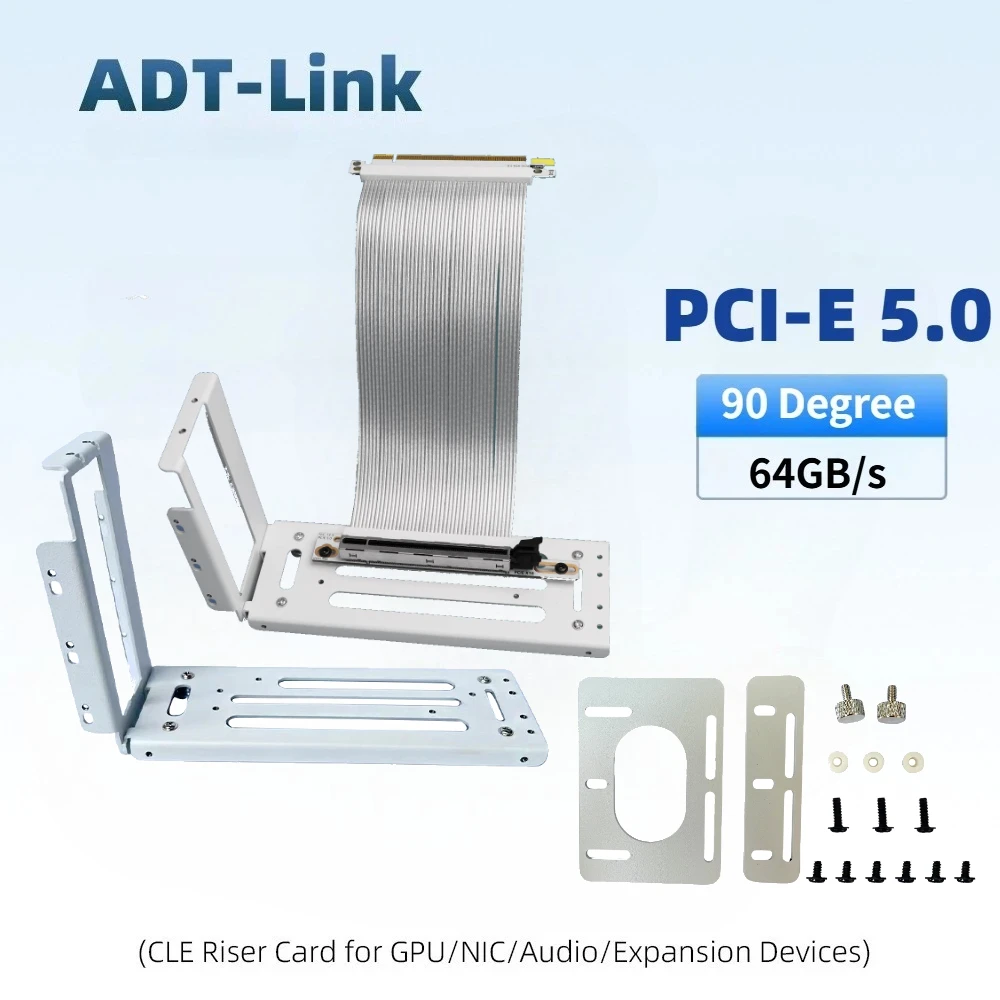 White PCI-E 5.0 X16 90-Degree GPU Riser Cable - High-Speed Vertical Bracket Extension GEN5 16X For RTX 5090, 4090, RX 8900, 7900