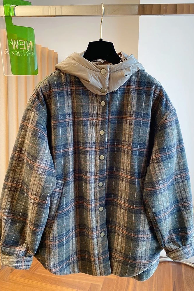 Autumn and Winter Women's Cotton Jacket Hooded Loose Checkered Top