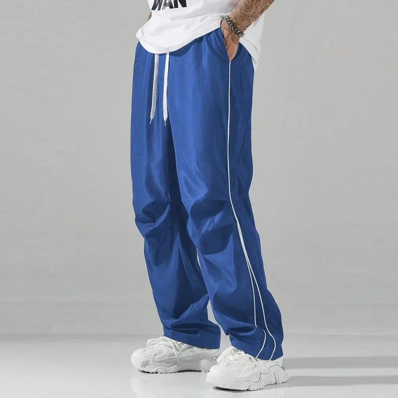 KIDWHXR Man Sweatpant High Street Striped Breathable Men Sport Pant Loose Straight Drawstring Male Sport Casual Trousers
