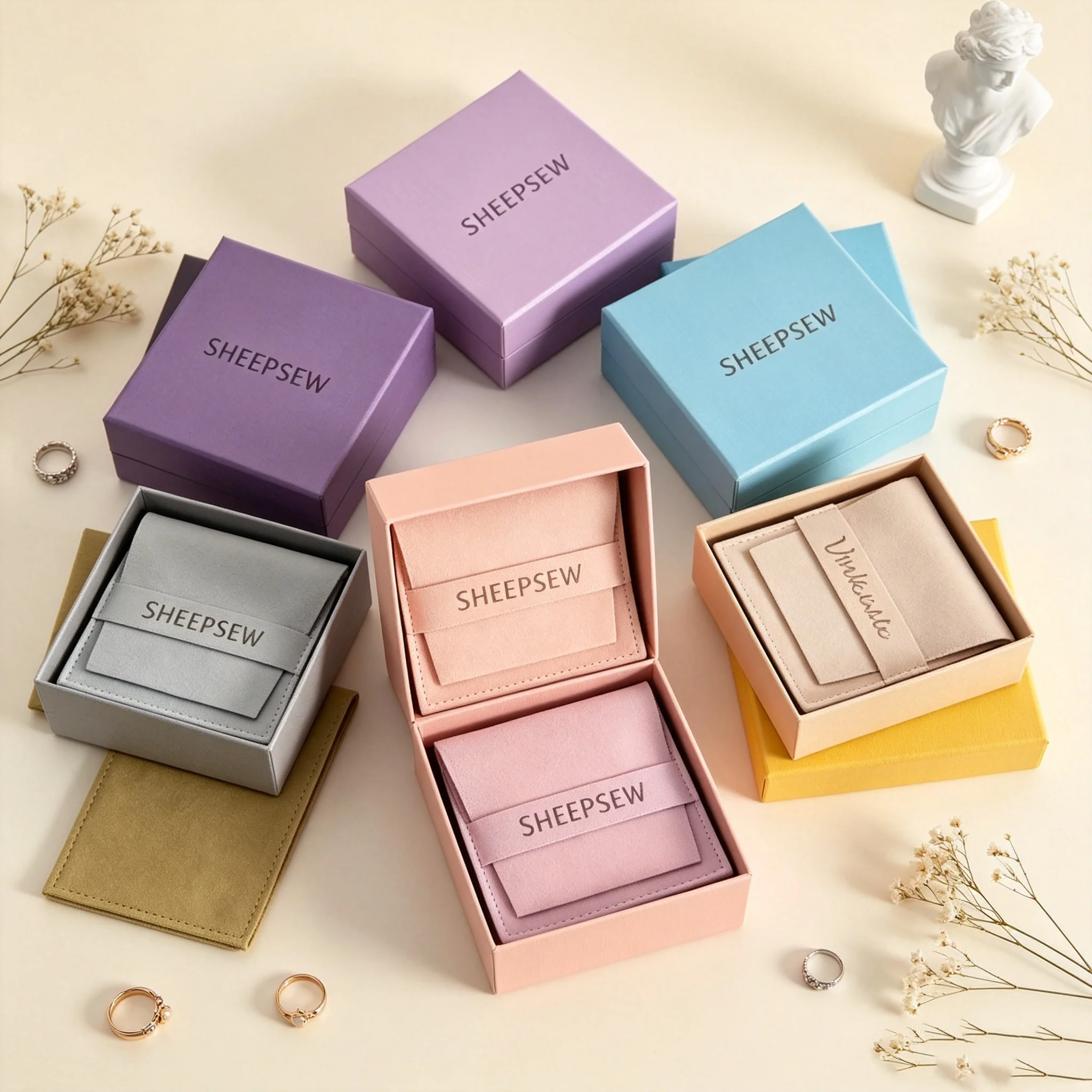 SHEEPSEW Luxury Custom Logo 9x9x3cm Paper Drawer Jewelry Gift Box With 8x8cm Microfiber Pouches For Bracelet Necklace Earring Br