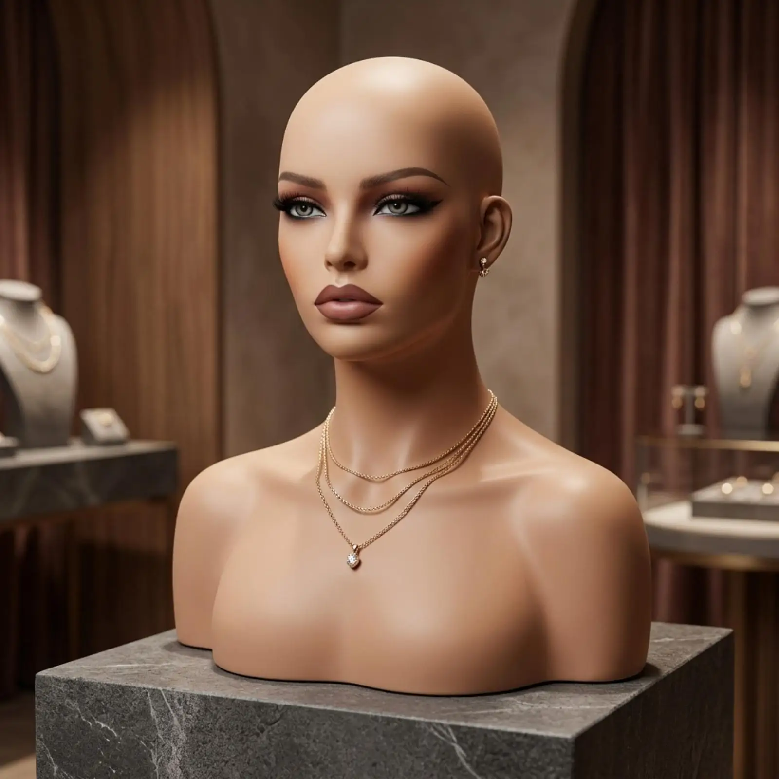 Mannequin Head with Shoulders Realistic Mannequin Bust with Shoulders Skin-Tone-Toned Hairpiece Head for Hair Stylists,