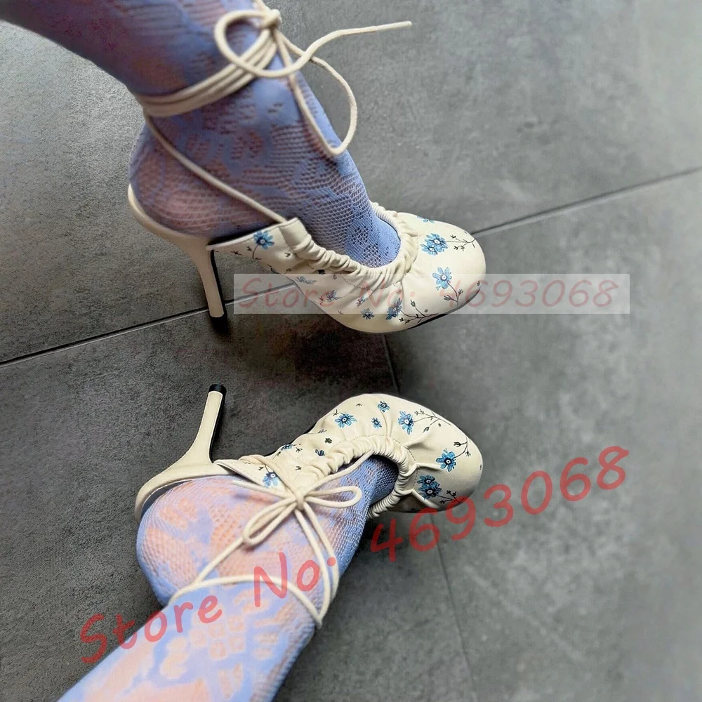 Floral Print White Round Toe Sandals Women Elegant Back Strap Pleated Stiletto Sandals Ladies Chic Party Lace Up Bare Heel Shoes
