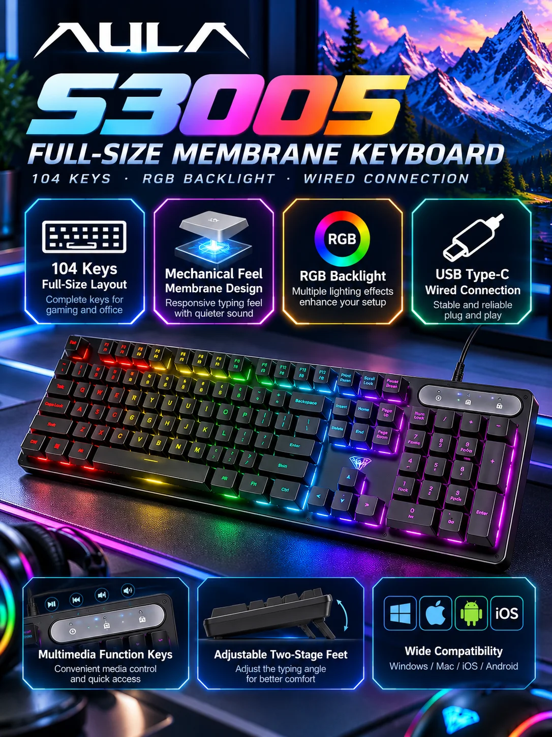 AULA S3005 Wired Mechanical Feel Keyboard 104 Keys RGB Backlit USB Type C Full Size Gaming Office Keyboard
