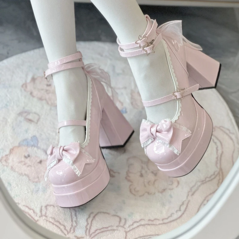 Japanese Style Kawaii Lolita Shoes Women Sweet Cute Lace Bow Round Head Middle Heel Single Shoes Pink Y2k Mary Jane Party Shoes