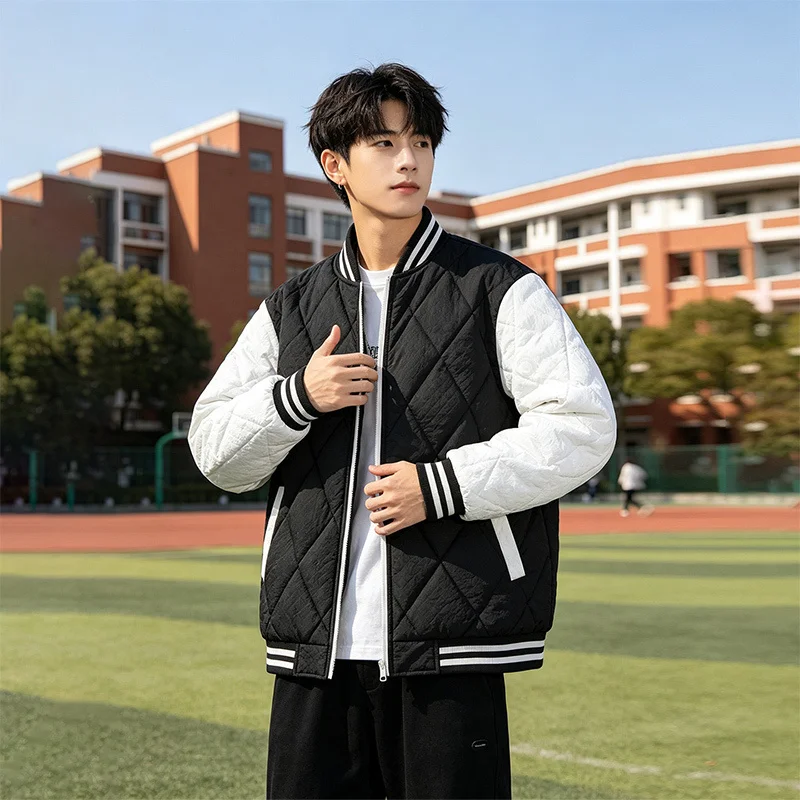 Vintage Rhombus Stitched Quilted Cotton Coat Men Baseball Collar Color Block Thick Warm Autumn Winter Casual Padded Jacket Outer