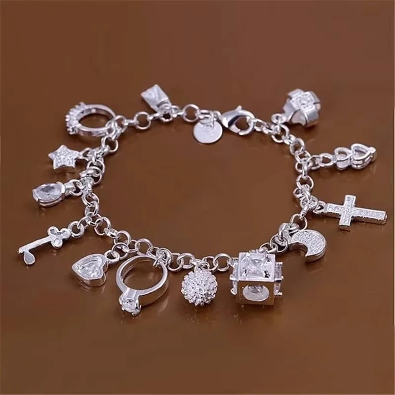 925 Sterling Silver Bracelet European and American Silver Fashion Thirteen Pendant Bracelet Women's Multi-Element Jewelry