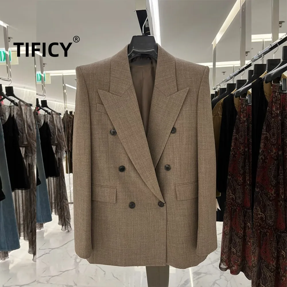 High Street Blazers Women's Retro Double Breasted Silhouette Jacket with Spring Temperament Loose and Casual Versatile Suit Top