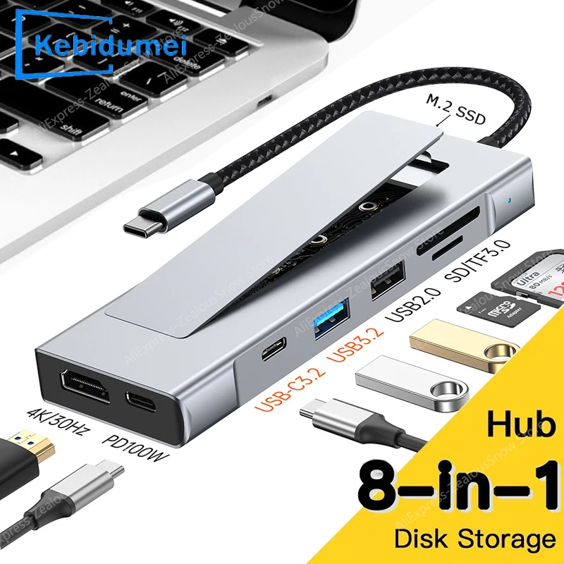 8-in-1 USB 3.2 Hub With Disk Storage Function M.2 SATA NVME SSD Type C to HDMI-Compatible Splitter SD/TF Reader For Macbook Pro