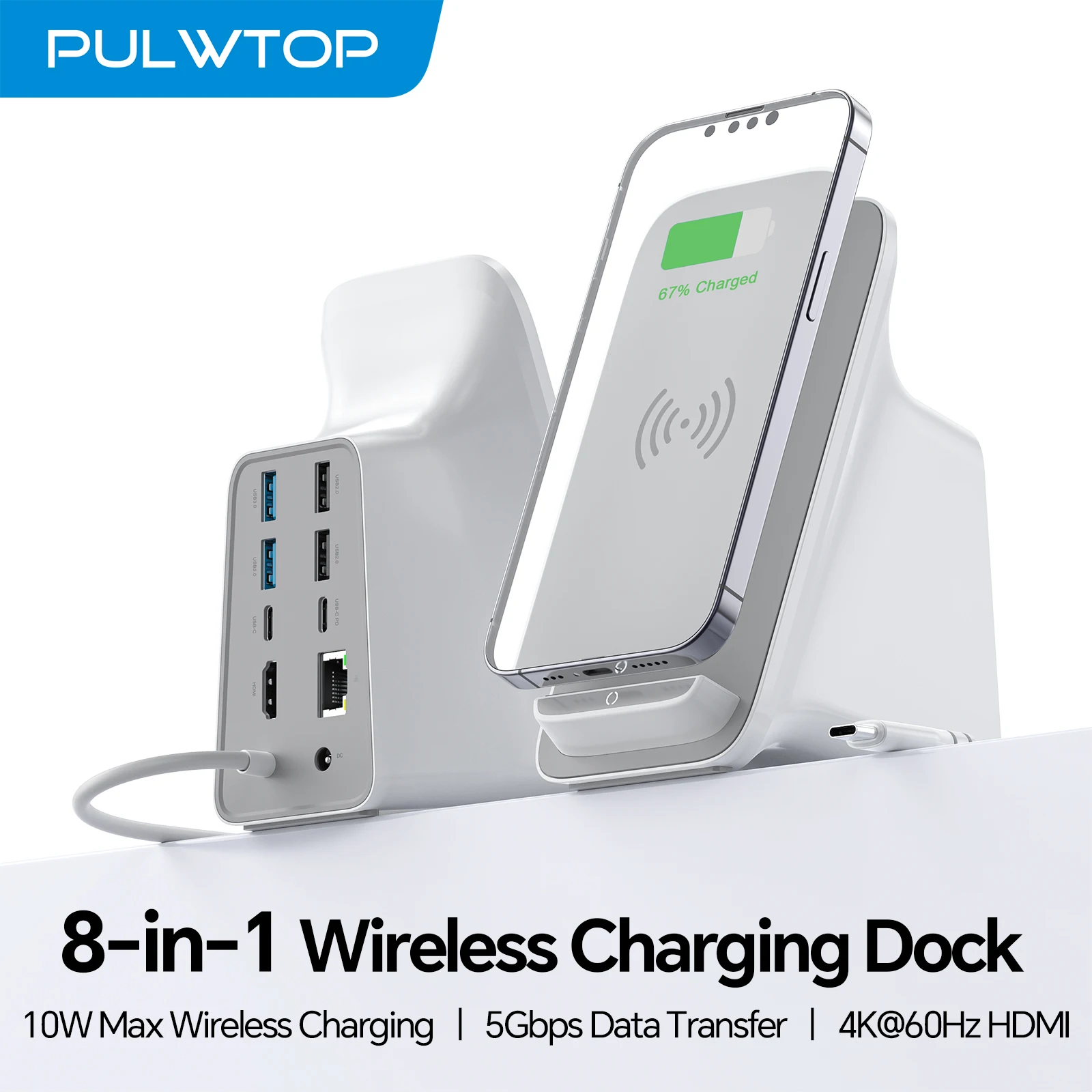 PULWTOP Docking Station with HDMI 4K@60Hz, Ethernet, 100W PD, 10W Max Wireless Charging Pad, USB A/C For MacBook/IPad/Laptop