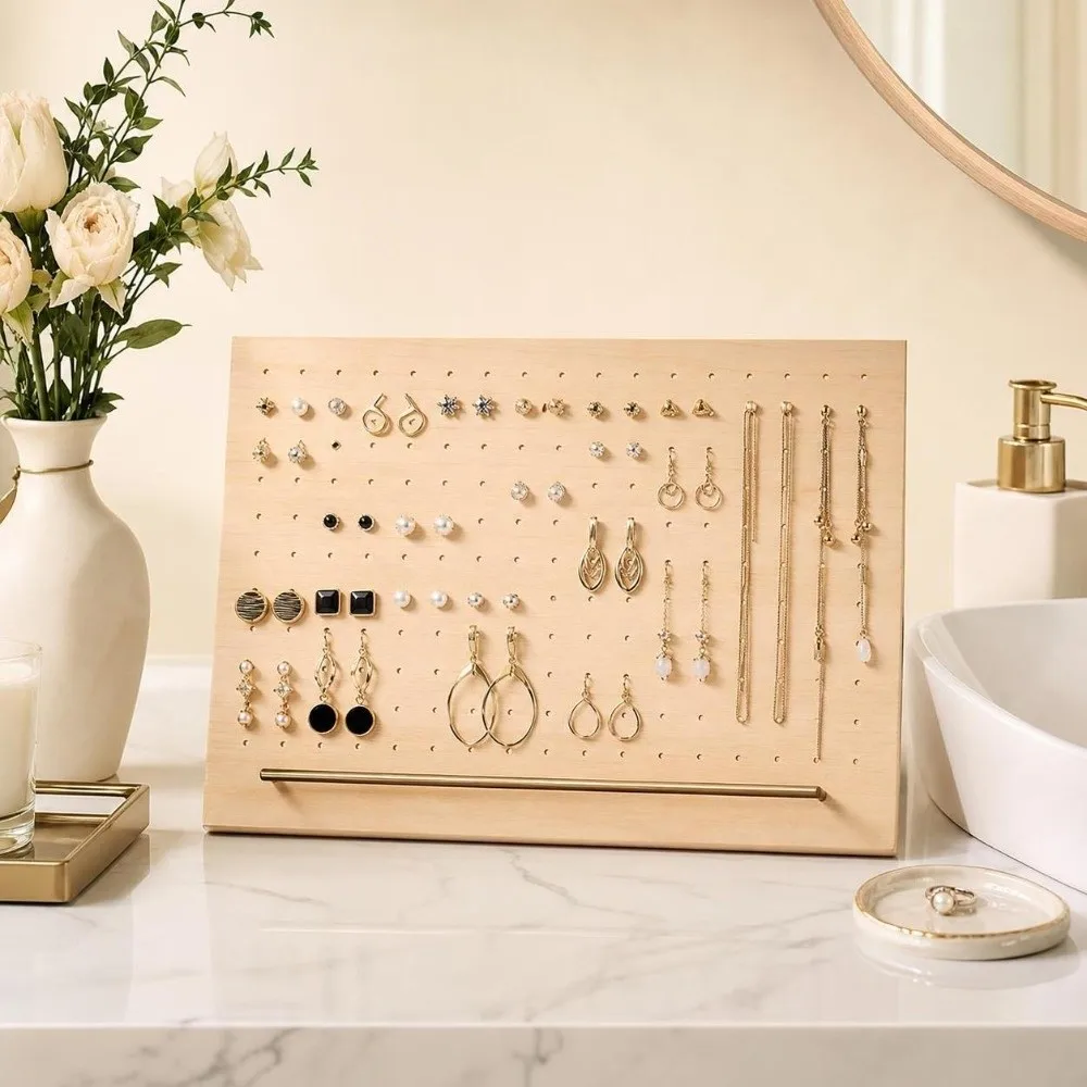 Ornaments Wood Earring Holder Porous Large Capacity Jewelry Storage Rack With Base Jewelry Display Board Bathroom