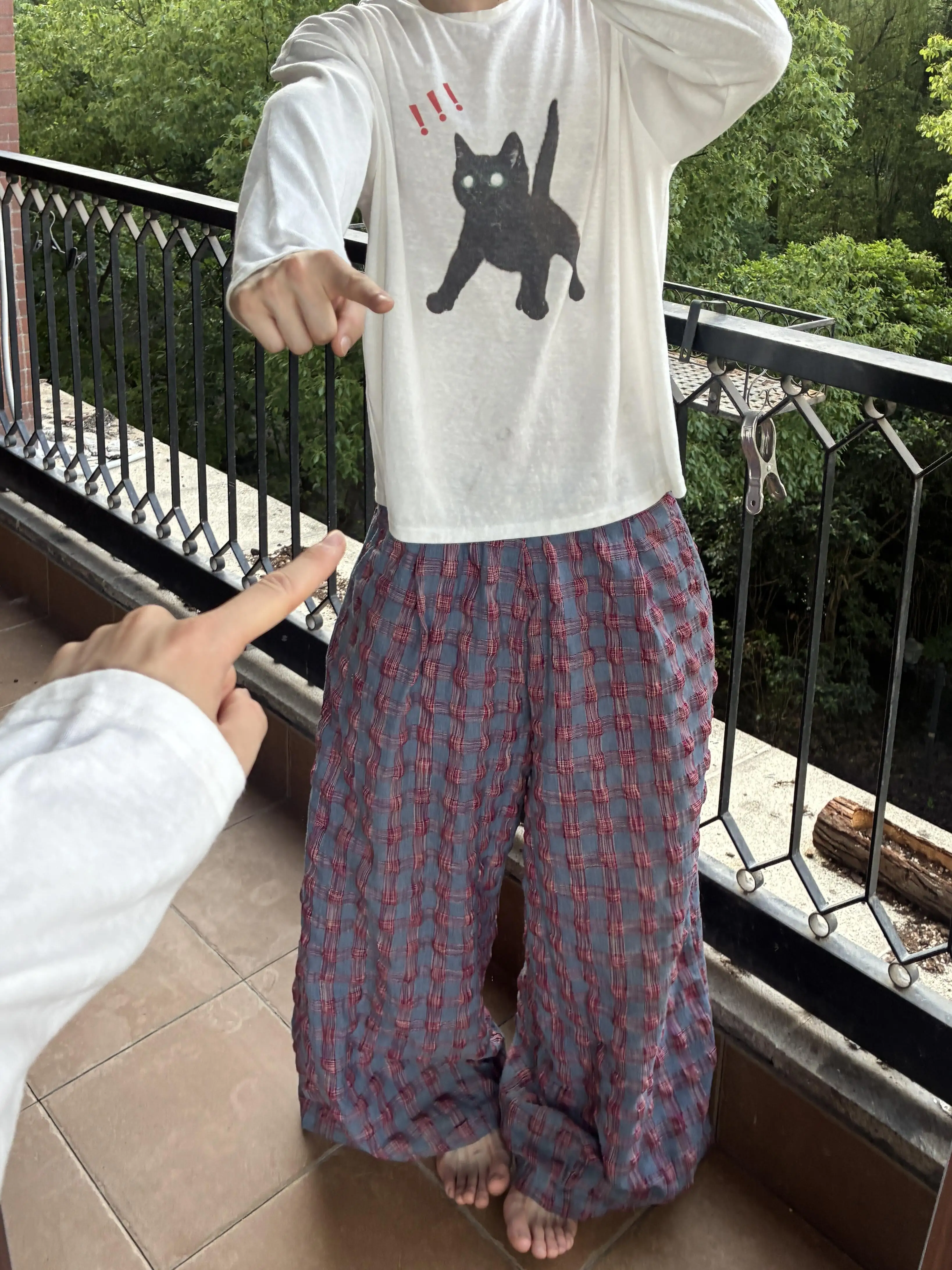 American Streetwear Retro Lazy Holiday Plaid Bubble Cloth Casual Pants Unisex Drawstring Loose Straight Leg Long Trousers