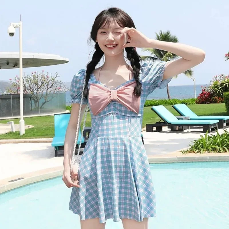 Women's Sweet Blue Gingham Puff Sleeve Bow Tie Skirt One Piece Swimsuit