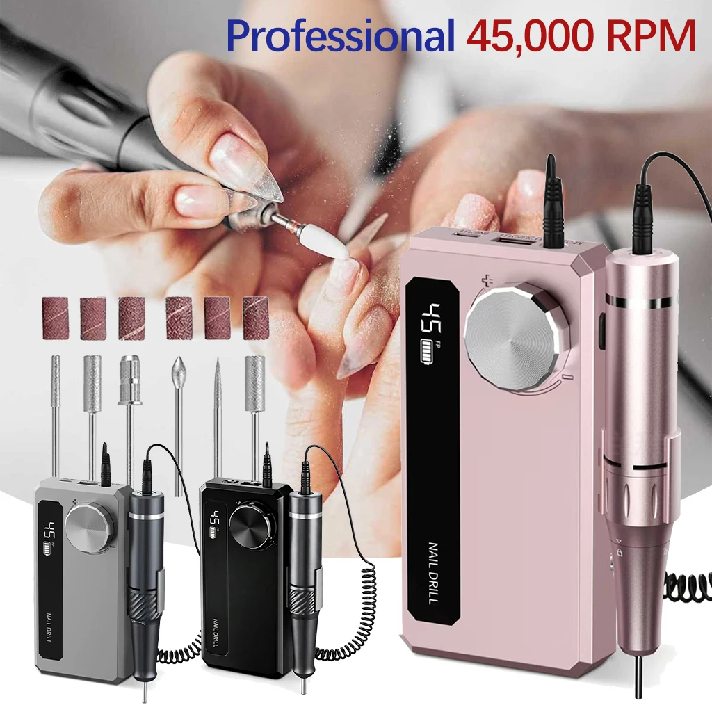 Professional 45000RPM Electric Nail Drill Portable Rechargeable Low-noise Nail Sand File Nail Drill Polisher for Home Use