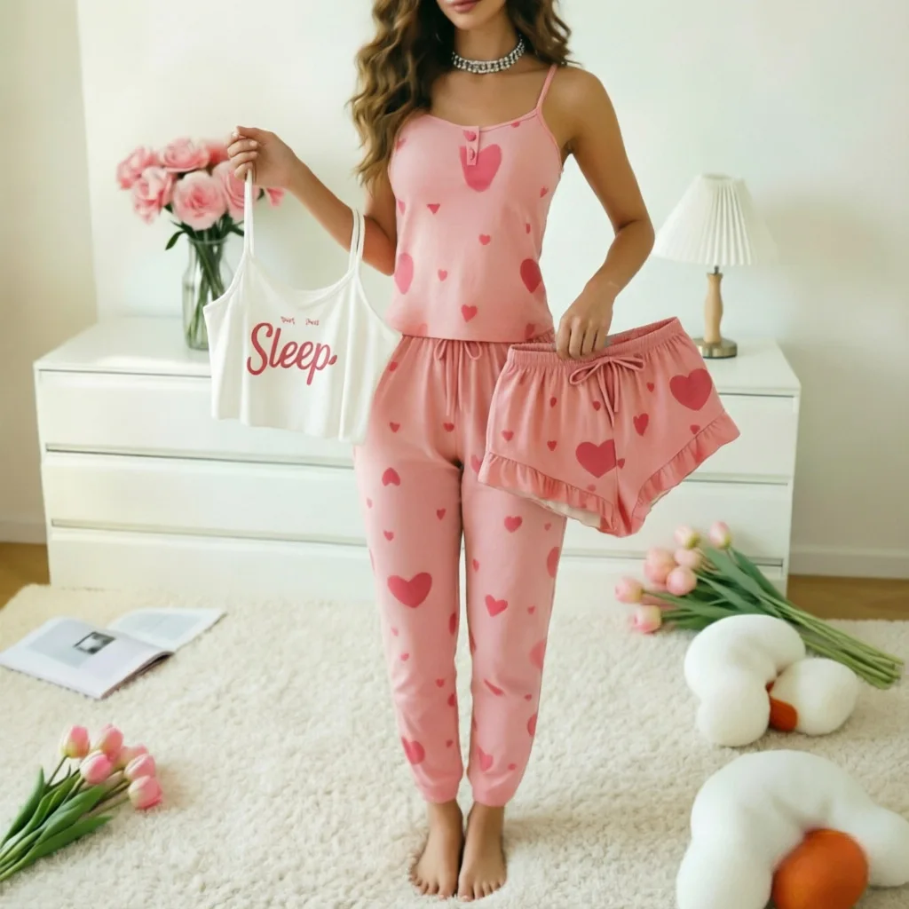 Pink Heart Print Cami Top Long Pants And Shorts Three Piece Sleepwear Set Casual Loungewear Pyjamas For Women Daily Home