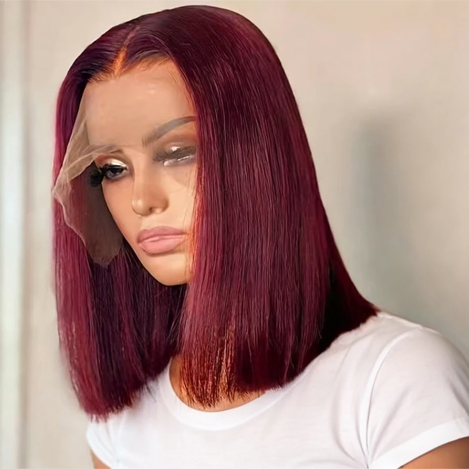 99J Colored Bone Short Bob Straight Wigs Burgundy Red Preplucked 13x4 Lace Frontal Human Hair Wig Transparent Lace Front Wig 12 14 Inch