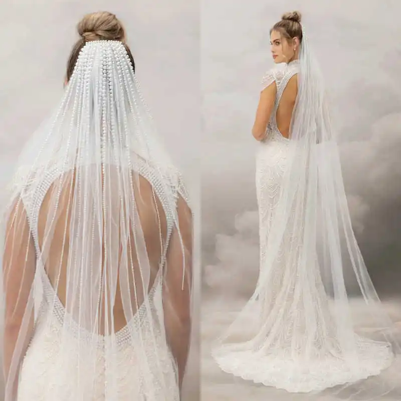 Charming 250 CM Wedding Veil Pearls Tassel 1 Layer Chapel Length Bride Veils Beaded Edge With Comb Customized Bridal Accessories