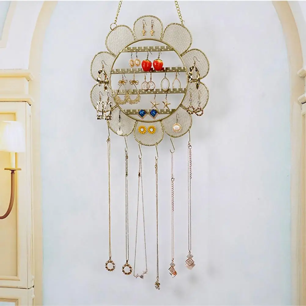 Flower Shape Earrings Display Stand with Metal Chain Grid Design Jewelry Hanging Holder Shop Necklace Organizer Wall Decoration