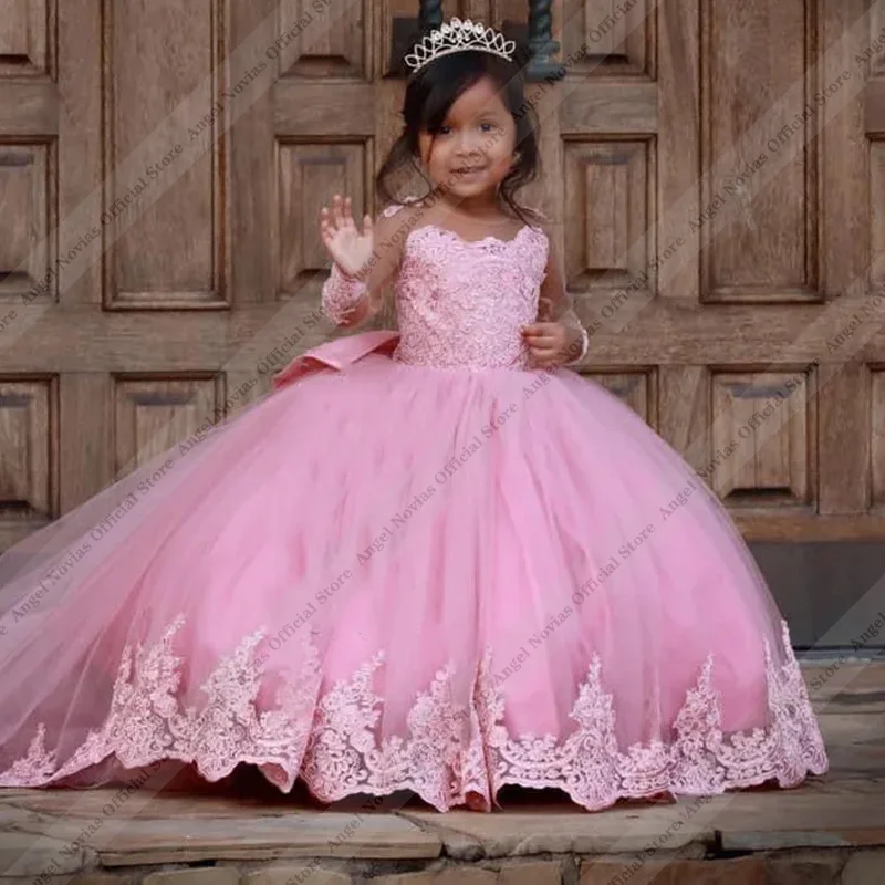 Angel Novias Quality Pink Flower Gril Dress Tulle Fluffy With Exquisite Applique Little Girls Wedding Birthday Party Ball Gowns