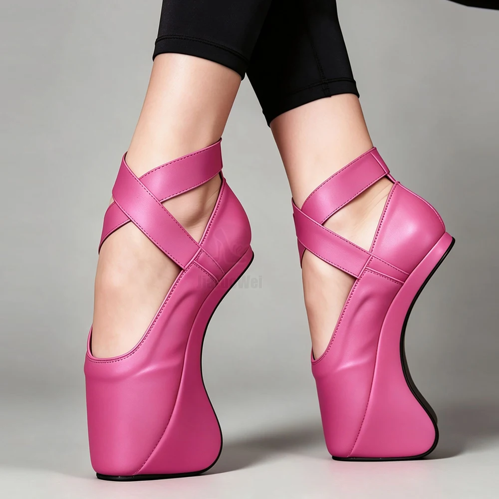 7 Inch Fetish Unisex Heelless Ballet Hoof Heel Shoes, Cross Ankle Strap Pink PU Women Men Stage Dance Hoof Shoes