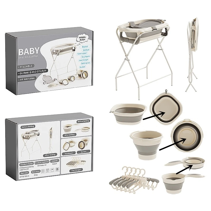 Portable Baby Bath Essentials Kit, Foldable Collapsible Basin with Hanger, BPA-Free Safe Material, Ideal for Home Storage Travel