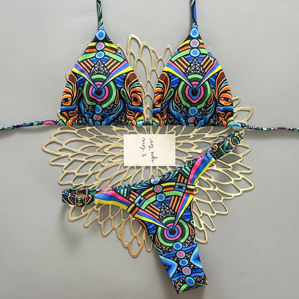 Ethnic Style Printing Bikini Set Lace Up Sexy Backless Thong Swimsuit Vacation Beach Hot Spring Cute Girl Swimsuit Party Gifts