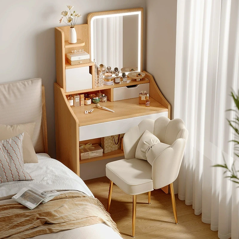 *Simple Modern Dressing Table with Lighted Mirror for Small Apartment Bedroom Bedside Makeup Cabinet
