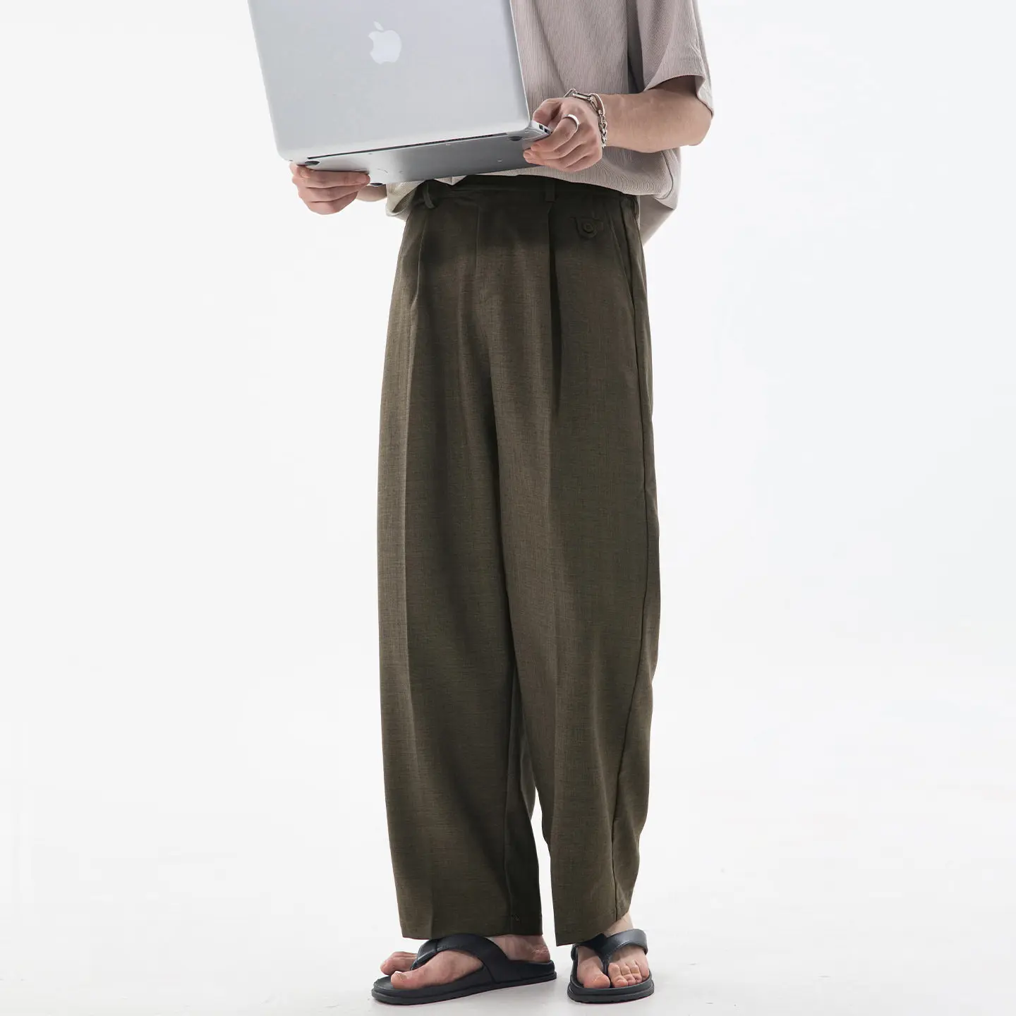 Men's Pleated Casual Pants Loose Straight Leg Elastic Waist Naples Style Trousers Breathable Summer Thin Drape Pants 2026