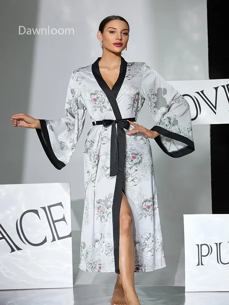 Dawnloom Women's Black & White Floral Print Silk Long Robe Wide-Sleeve Split Tie-Waist Luxury Loungewear Bridal Robe for Wedding