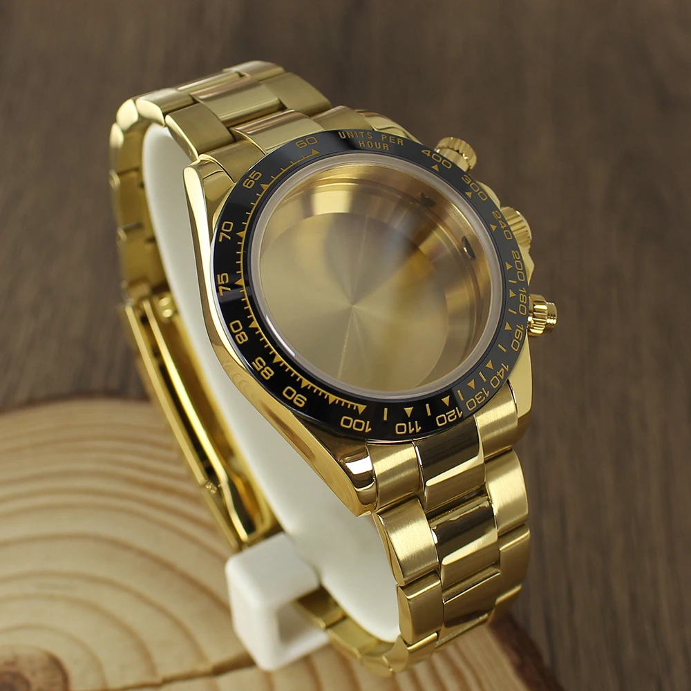 39mm VK63 Watch Case strap Gold Watch Accessories Stainless Steel Sapphire Glas Waterproof For VK63A Quartz Movement For Daytona
